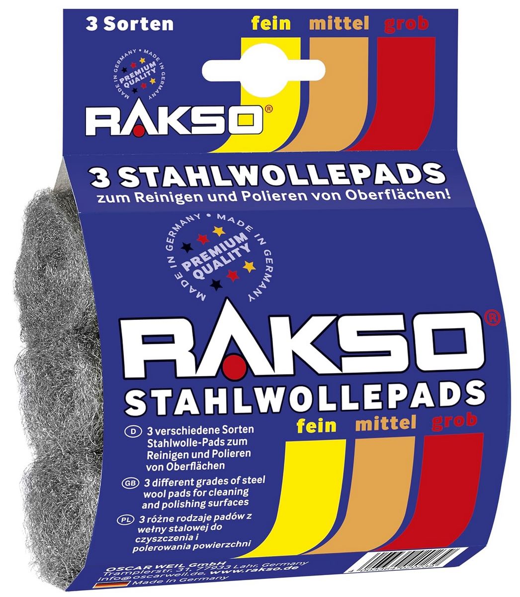 RAKSO Stahlwolle, DIY Polier & Schleifpads fein, mittel, grob - 3 Pads, Schleifschwämme für Holz, Farbe, Metall, Reinigung und Politur RAKSO Stahlwolle, DIY Polier & Schleifpads fein, mittel, grob - 3 Pads, Schleifschwämme für Holz, Farbe, Metall, Reinigung und Politur