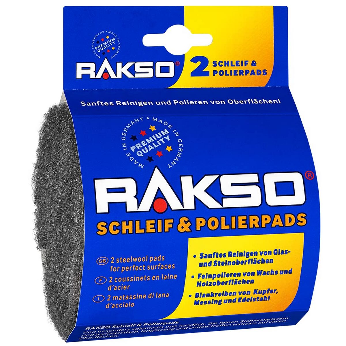 RAKSO Schleif & Polierpads fein - 2 Pads, sanfte Reingung, polieren, Feinpolitur Wachs -, Holz, Blankreiben von Kupfer, Messing, Edelstahl