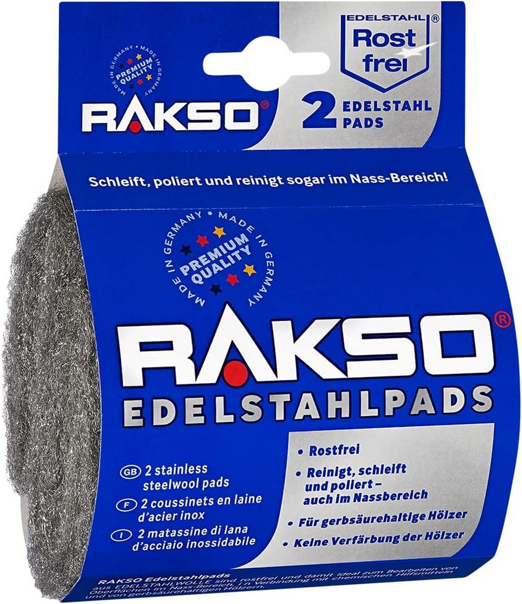 RAKSO Edelstahlpads extra - fein, 2 Pads rostfrei, Edelstahlwolle, Oberflächenbehandlung im Nassbereich, reinigt, schleift, poliert RAKSO Edelstahlpads extra - fein, 2 Pads rostfrei, Edelstahlwolle, Oberflächenbehandlung im Nassbereich, reinigt, schleift, poliert